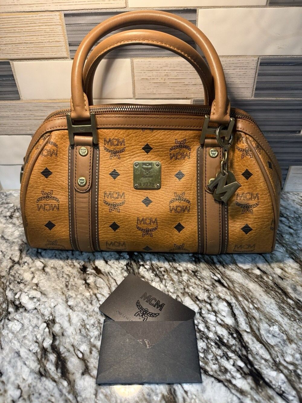 Genuine MCM Visetos Cognac Dome Satchel W/Gold Hardware & Charms W/Cards EUC